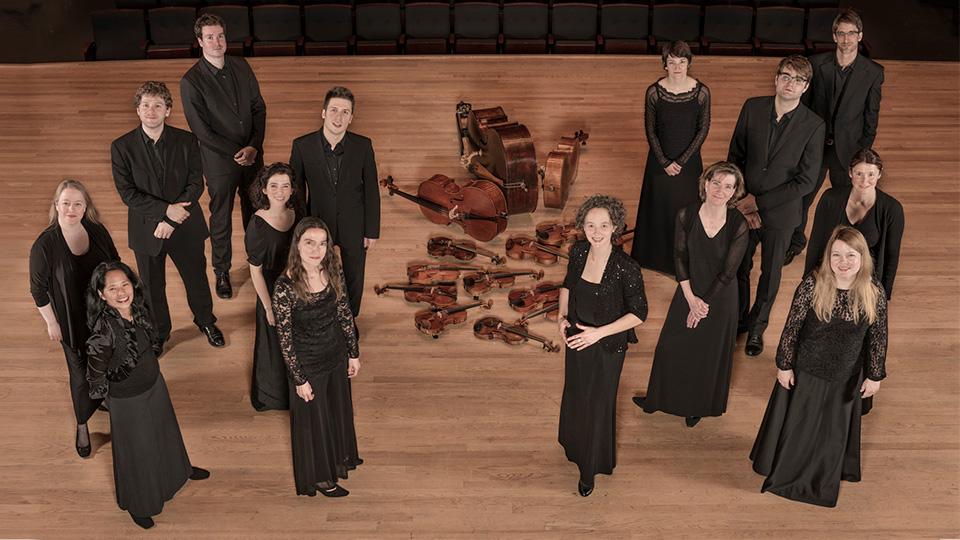 The 14 members of Les Violons pose for a picture. The picture shows them from over head standing in two groups on stage with their violins arranged on the floor in the middle of the stage.